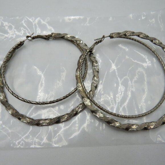 Vintage Silver Tone Oversized 2.5" Textured Double Hoop Earrings - Picture 5 of 7